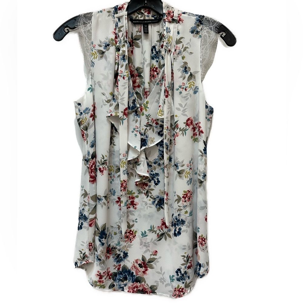 White House Black Market White Ruffle Floral Lace Sleeve Tie Neck Top Size XS